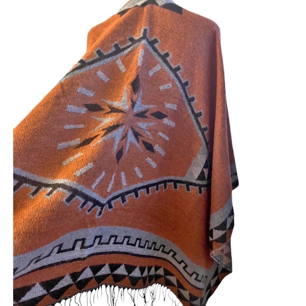 Moss Rose Southwest Aztec Blanket Wrap Shawl Poncho Burnt Orange Gray OS NWT - Picture 6 of 8
